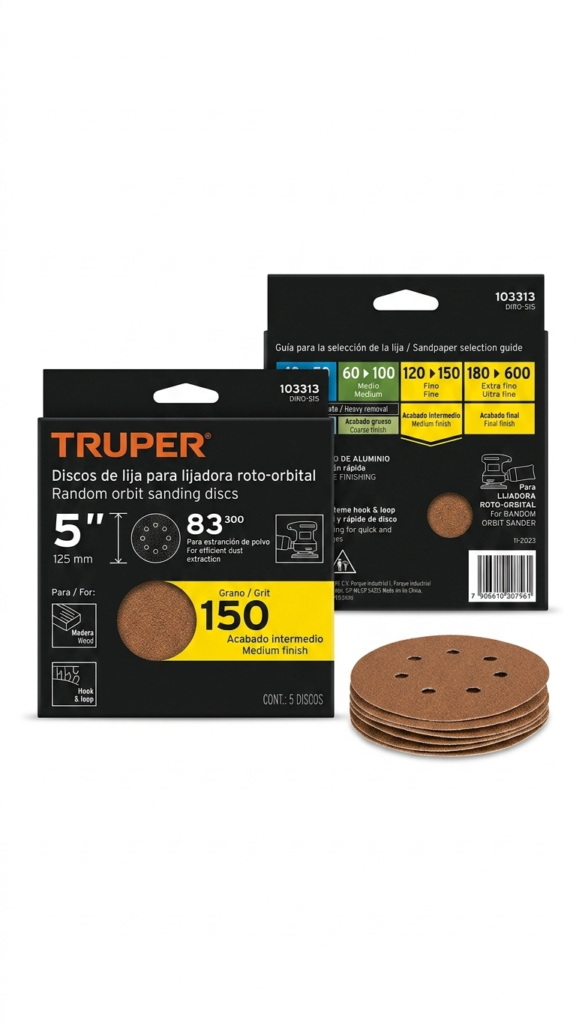 Discos de Lija TRUPER® DIRO-515 Hook & Loop 5” — Lijadora Roto-Orbital