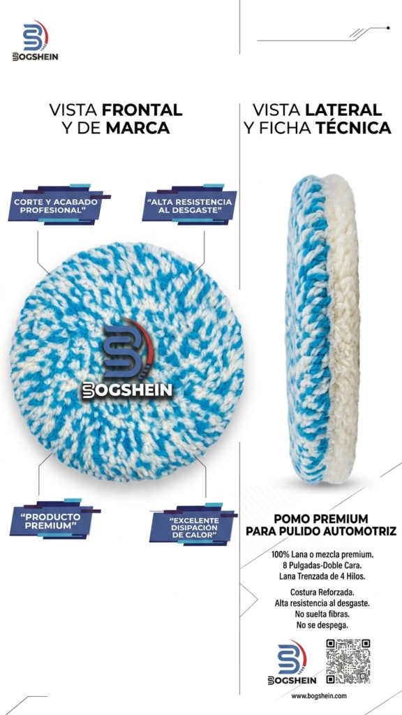 Pomo Bogshein® Premium 8” — Pulido Automotriz Profesional (Lana Blanca / Mixto Azul-Blanco)